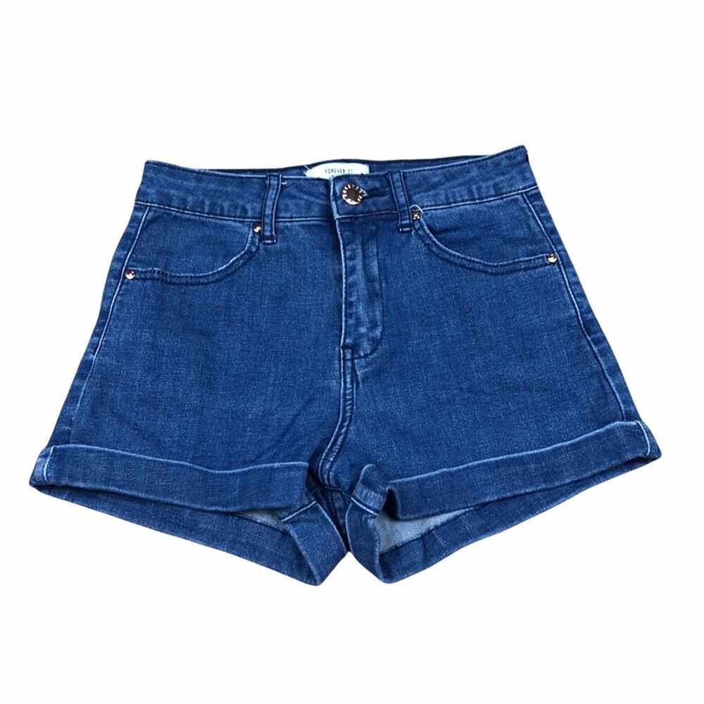 FOREVER 21‎ Dark Blue Cuffed High Rise Denim Shorts Size 24